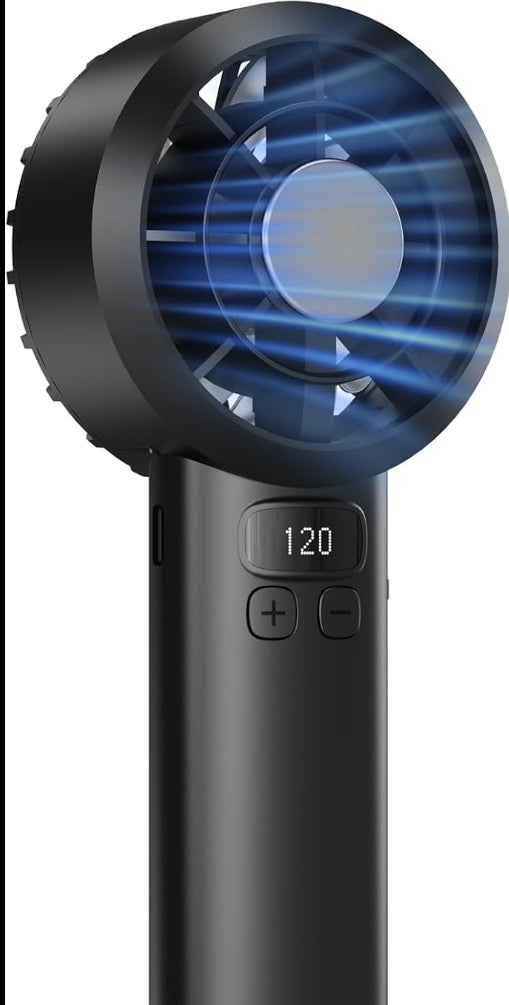 Pocket Fan USB Rechargeable 3000mAh Personal Fan with LED Display, 5 Speeds and Safety Lock for Office, Bedroom, Outdoor, Camping (Black)