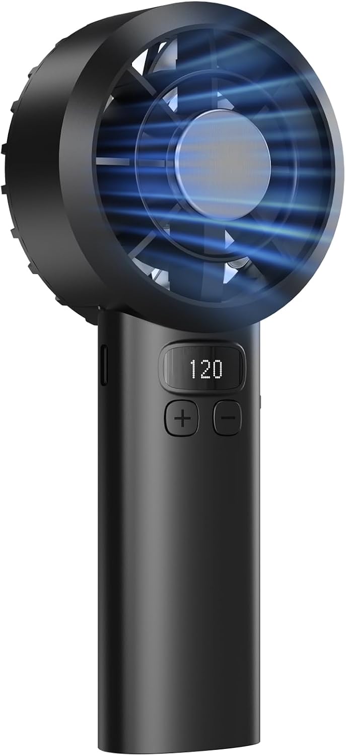 Pocket Fan USB Rechargeable 3000mAh Personal Fan with LED Display, 5 Speeds and Safety Lock for Office, Bedroom, Outdoor, Camping (Black)