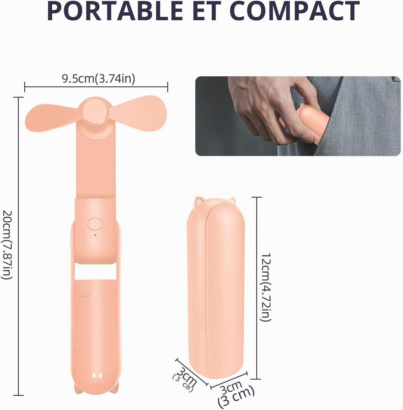 Jsdoin Mini Portable Fan, Foldable Rechargeable Hand USB Portable Desk Fan, 3 Speeds with External Battery, for Office, Outdoor (Pink)