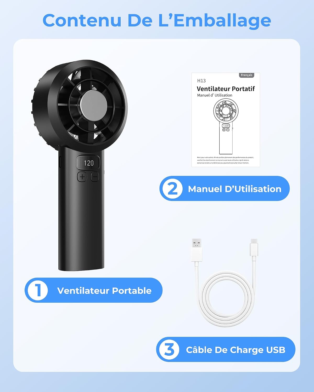 Pocket Fan USB Rechargeable 3000mAh Personal Fan with LED Display, 5 Speeds and Safety Lock for Office, Bedroom, Outdoor, Camping (Black)