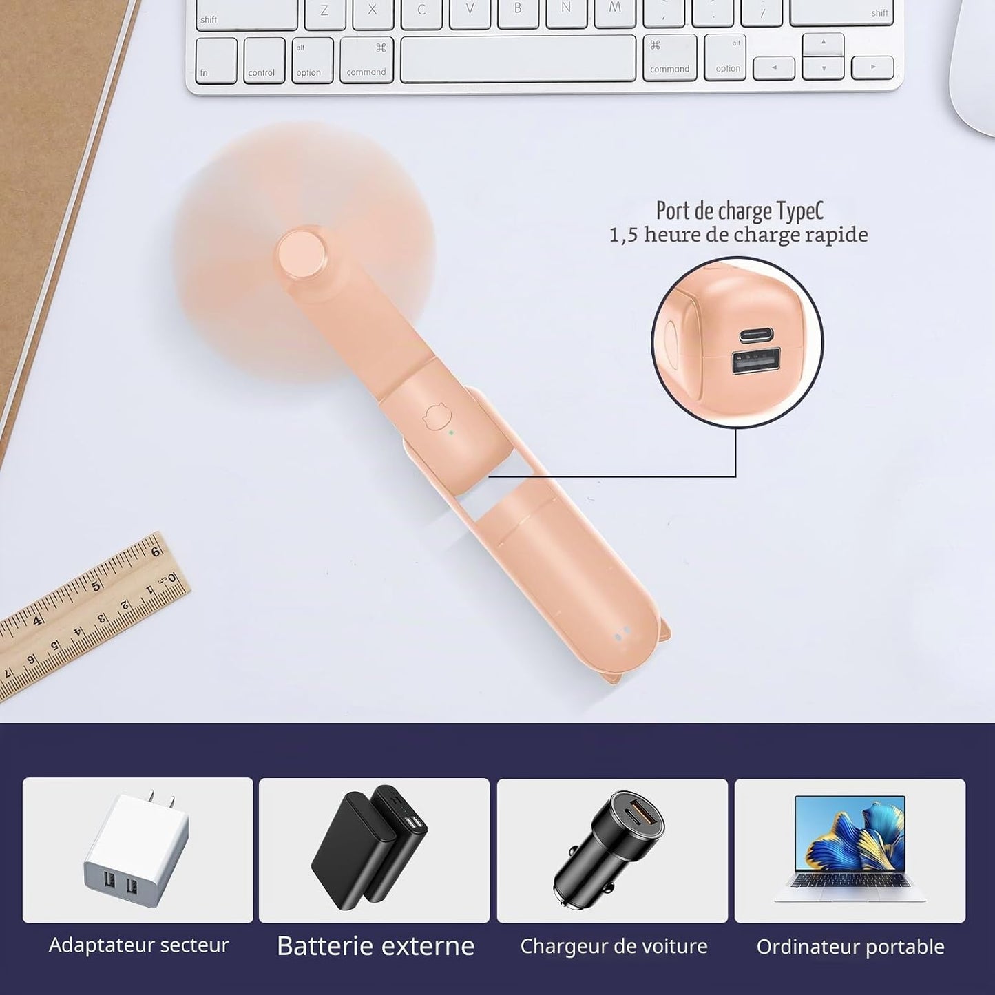 Jsdoin Mini Portable Fan, Foldable Rechargeable Hand USB Portable Desk Fan, 3 Speeds with External Battery, for Office, Outdoor (Pink)