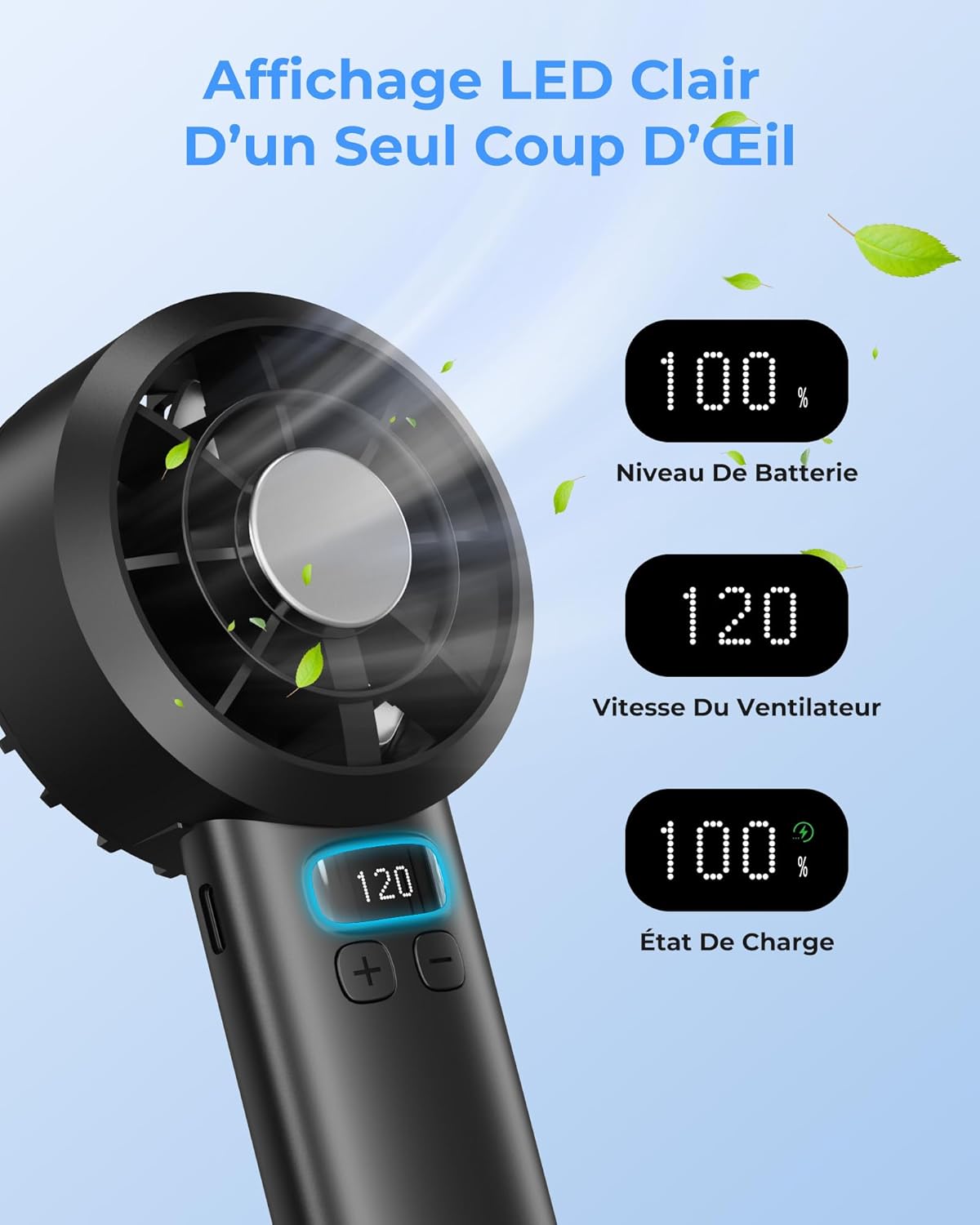 Pocket Fan USB Rechargeable 3000mAh Personal Fan with LED Display, 5 Speeds and Safety Lock for Office, Bedroom, Outdoor, Camping (Black)