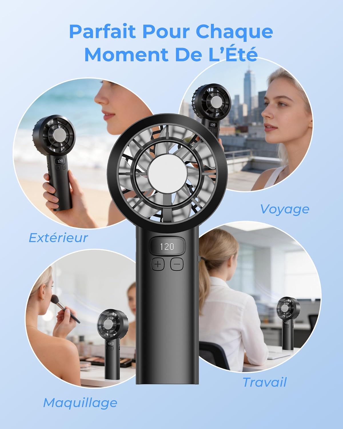 Pocket Fan USB Rechargeable 3000mAh Personal Fan with LED Display, 5 Speeds and Safety Lock for Office, Bedroom, Outdoor, Camping (Black)