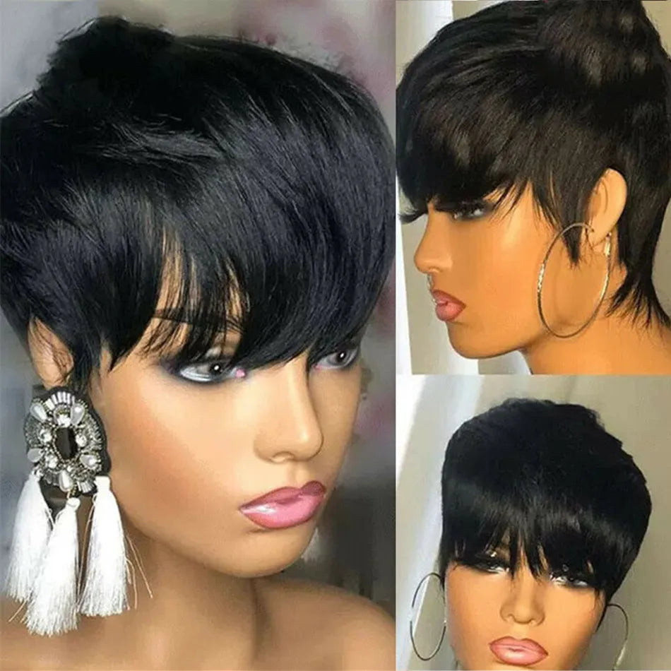 Perruque Pixie Cut Brésilienne Machine Made — Avec Frange