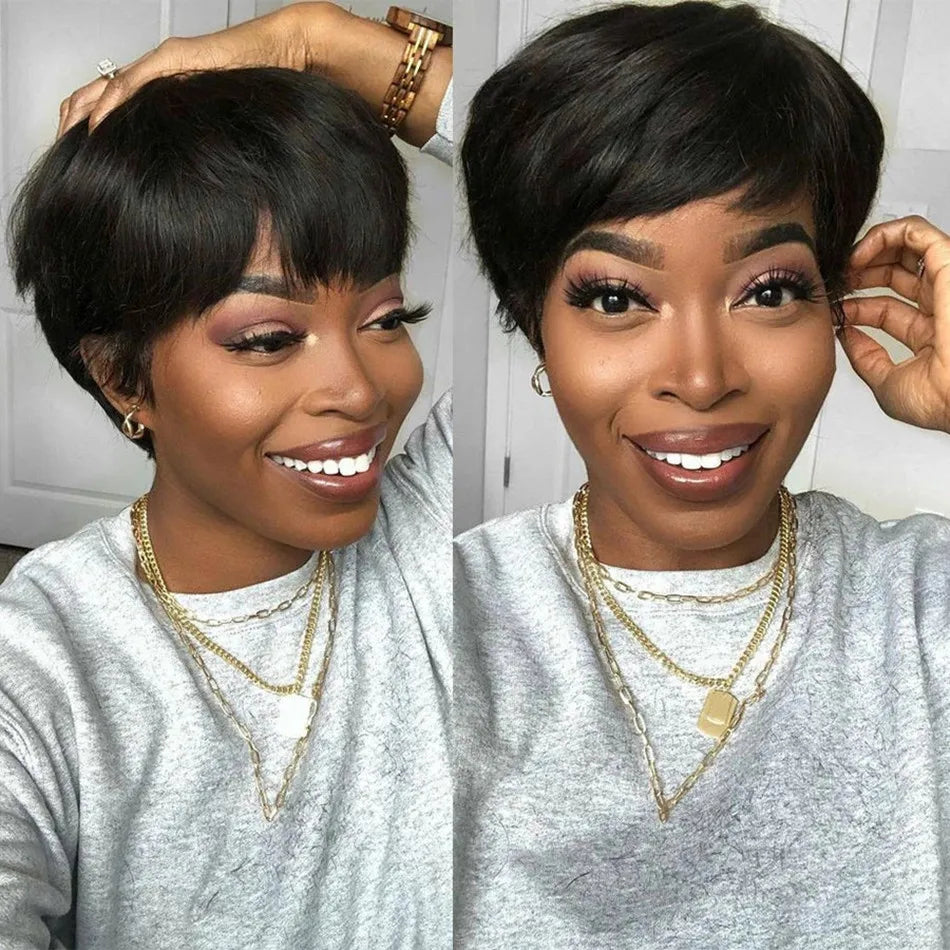 Perruque Pixie Cut Brésilienne Machine Made — Avec Frange
