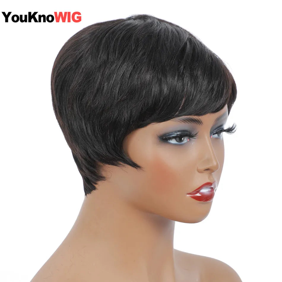 Perruque Pixie Cut Brésilienne Machine Made — Avec Frange