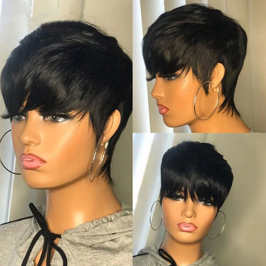 Perruque Pixie Cut Brésilienne Machine Made — Avec Frange