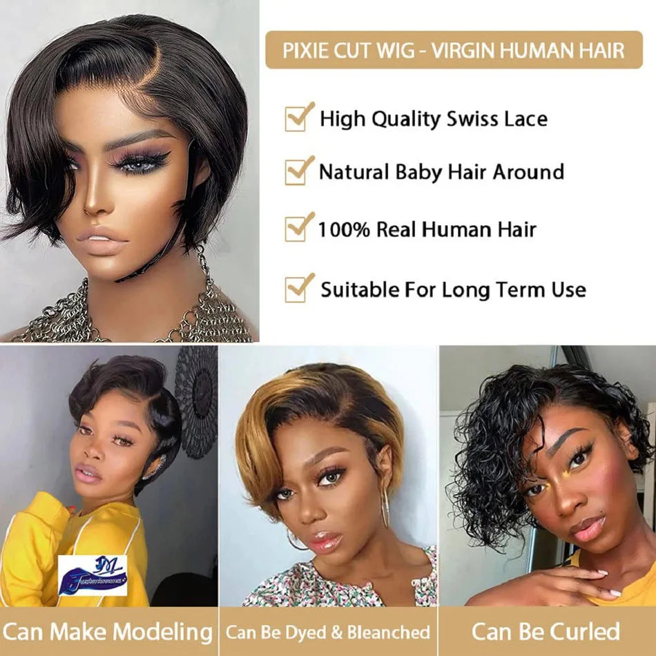 Perruque Pixie Cut Lace Frontale HD — Cheveux Humains 250 Densité