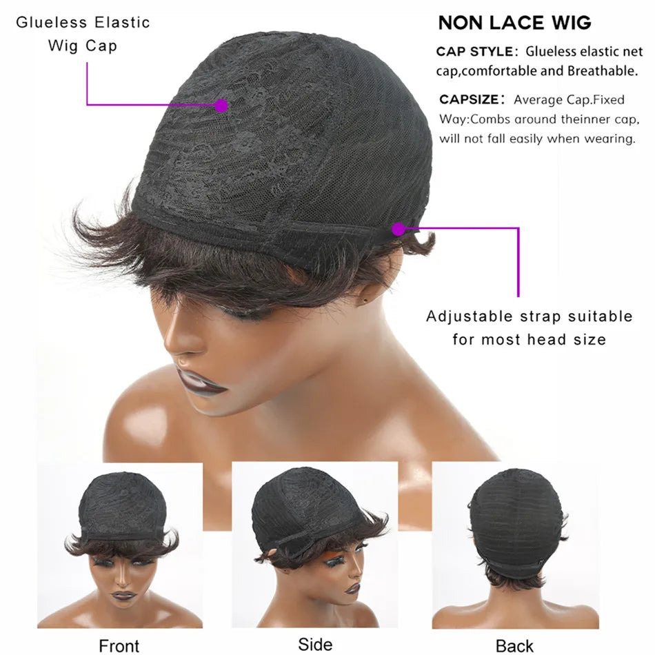 Perruque Pixie Cut Brésilienne Machine Made — Avec Frange